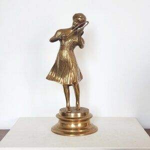 Brass Girl Young Violinist Statue, Musician Figurine, MCM Brass Home Décor